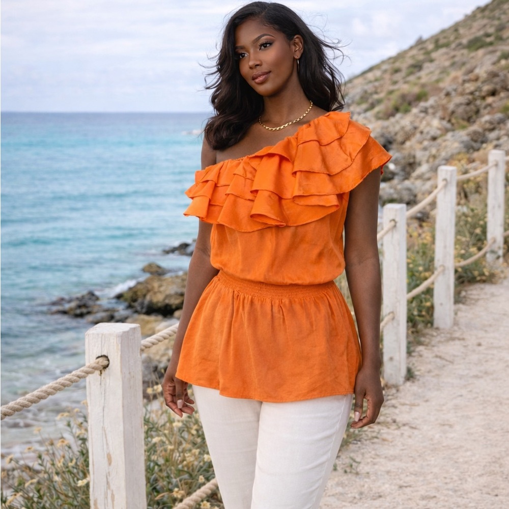 Eunishop One Shoulder Ruffle Peplum Top Smocked Waist Size M Cocktail Party